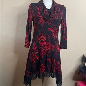 Cable & Guage red black asymmetrical knit and lace cowl neck dress NWT